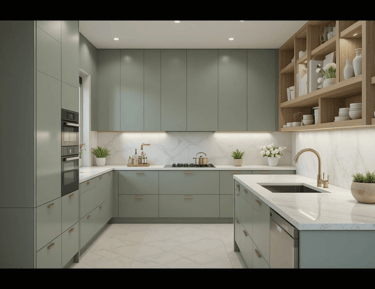 materiales ideales para una cocina moderna en verde salvia con mármol y madera