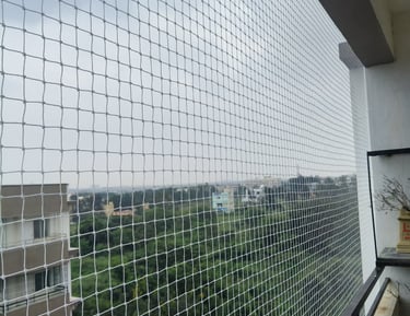 Completed pigeon safety net installation on a Sarjapura Road building.