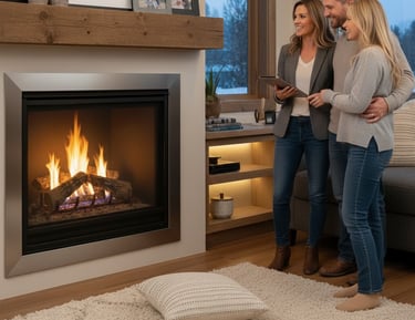 Real estate agent showing clients a gas fireplace