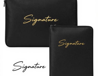 Minimalist dark mode card with silver accents illustrating the Signature Custom package.