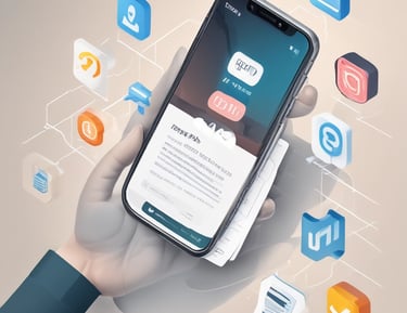 A friendly customer support agent assisting a client via a laptop, with mobile app icons visible on the screen.