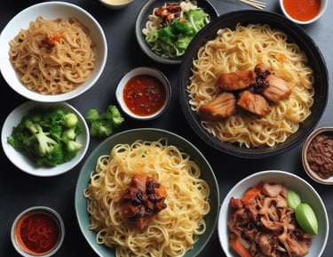 A dinner table set with plates of pancit canton and freshly brewed tea.