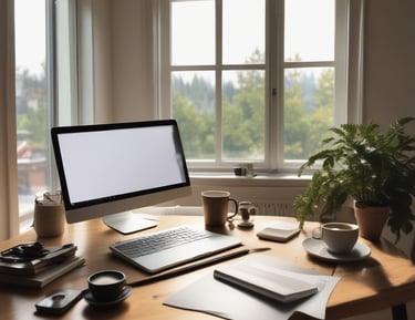 A peaceful home office setup ready for a focused online discussion.