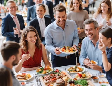 A lively private party with guests enjoying food and laughter around a decorated table.