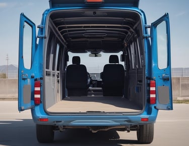 Cargo van parked outside ready to deliver rented props to a film set.
