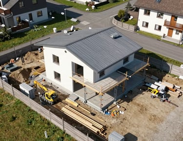 Aerial view of a construction site with clear skies and precise drone positioning.