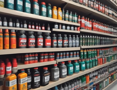 Shelves stocked with various new auto parts and lubricants in a clean store.