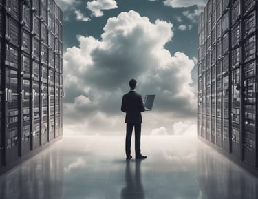 IT professional with a laptop standing in a cloud computing data center server room.