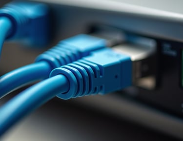 Blue Ethernet cables plugged into a high-speed network switch for local area network connectivity.