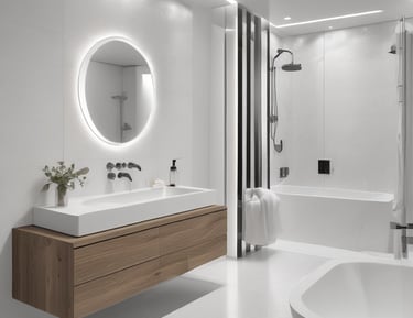 Renovated bathroom with clean lines, white tiles, and subtle metallic fixtures.
