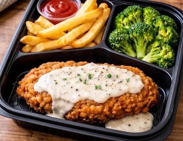 Chicken Fried Steak, steamed broccoli and homestyle french fries