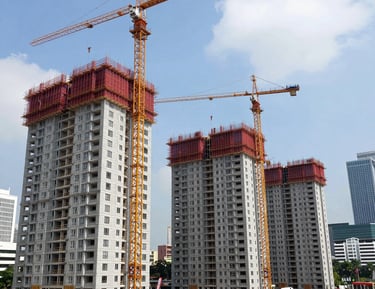 Construction site with active workers and machinery in motion.