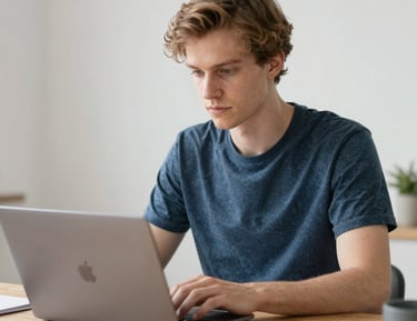 Digital nomad working on a laptop in a modern coworking space.