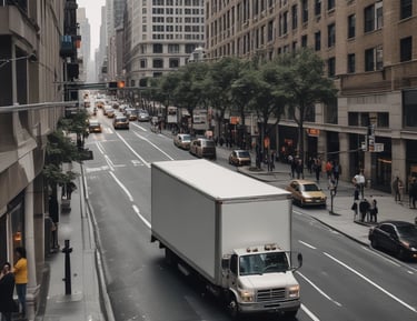 A busy street view showing multiple delivery trucks operating.