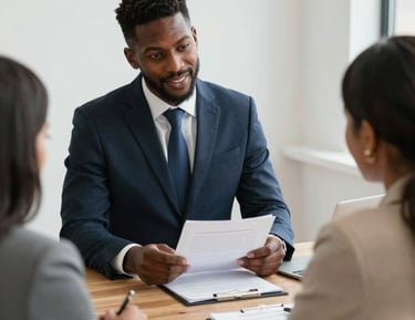 Mobile notary meeting a client at their home, reviewing paperwork together.