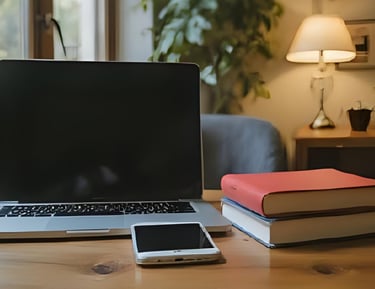 Work desk with laptop, phone and books illustrating a professional setting