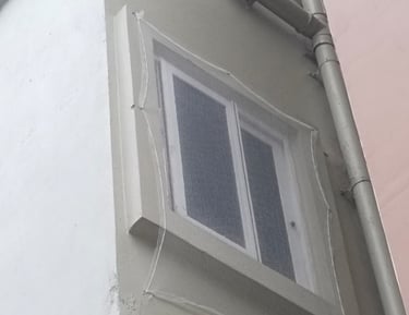 Technician carefully fitting a pigeon net on a residential apartment window.