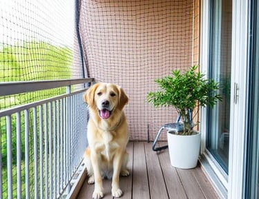 A pet dog looking out through a well-fitted balcony safety net on a sunny day.