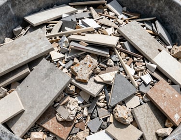Mixed renovation waste being loaded into a Solidus container by workers.
