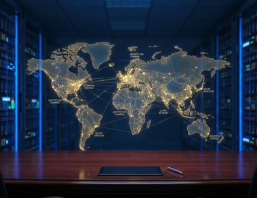 a display of a world map on a large computer screen with network lights lit up in major world cities