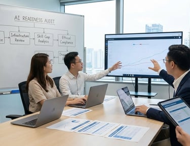 Healthcare consultants conducting an AI readiness audit by reviewing data governance, infrastructure