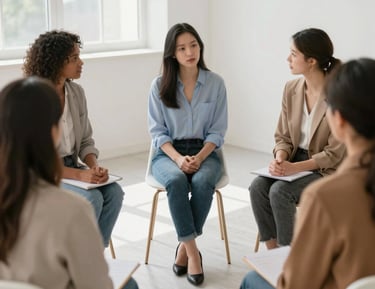 A small group seated in a circle sharing experiences during group therapy.
