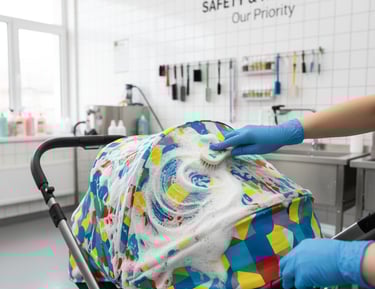 a person in gloves and gloves cleaning a baby carriage