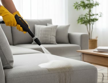 a person cleaning a couch with a vacuum cleaner