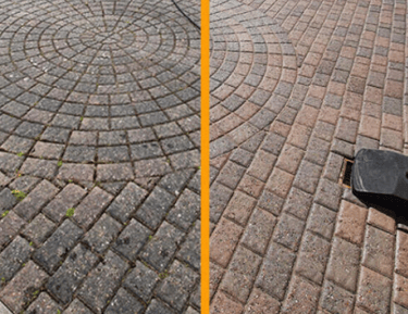 a brick paved driveway with a driveway with a driveway with a driveway with a driveway, before after