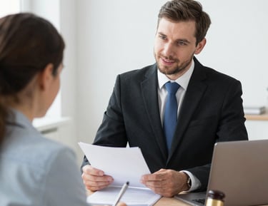 A calm consultation between lawyer and client over coffee in a bright room.