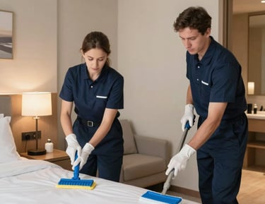 A gardener trimming bushes in a well-kept garden next to a clean playground.