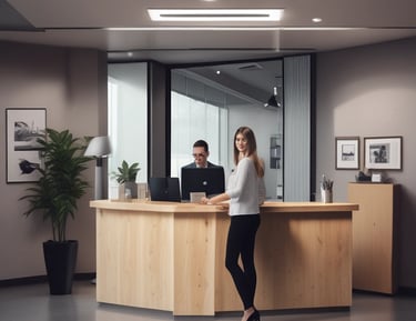 Picture of a friendly administrator assisting a resident during a condominium assembly.