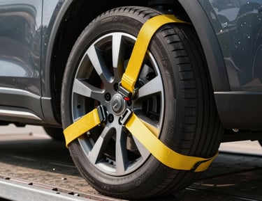 Close-up of a high-tensile yellow safety strap securing a clean car wheel onto a metal flatbed truck, sharp focus, professional industrial setup, daylight.