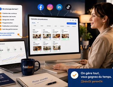 femme regarde ses reseaux publiboost process de livraison des publications clés en mains