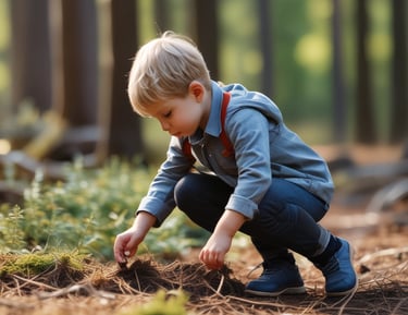 A smiling child proudly holding up a handmade eco craft project outdoors.