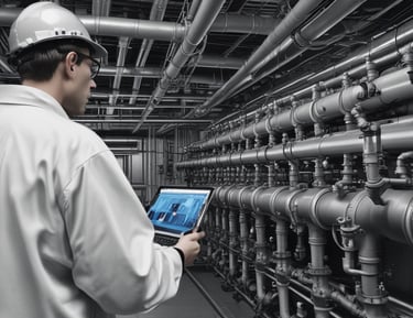 Team of specialists working on a large industrial hydraulic system.