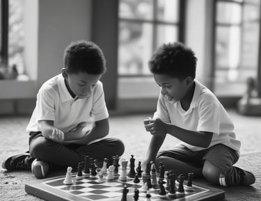 A friendly chess instructor guiding a diverse group of learners of all ages.
