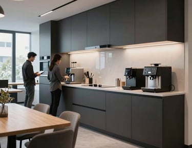 Close architectural detail of a workspace transition zone — a pale oak partition wall meeting a deep teal acoustic panel, joinery edge visible in sharp focus, soft natural light from the left creating clean shadow lines across the material surface, no people, framed tight to emphasise material quality and geometric precision