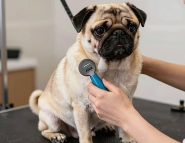 A cozy scene of a pug owner grooming their dog with gentle care.
