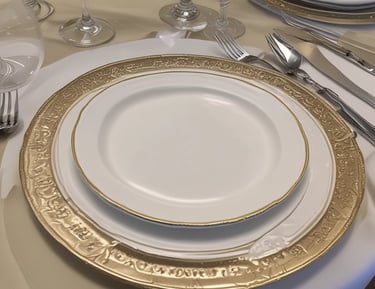 A long dining table is set for an evening event, adorned with elegant place settings, decorative floral centerpieces, and wine bottles. Soft, ambient lighting from candles creates a warm and inviting atmosphere.