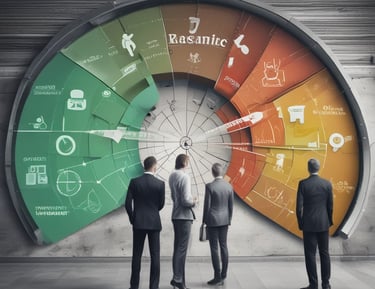 A business model canvas titled 'Battle Board' is taped to a white wall with yellow tape. The canvas is covered with orange sticky notes containing handwritten text. The wall card at the top says 'Forty Two.” Outside the window, blurred buildings are visible under a blue sky with white clouds.