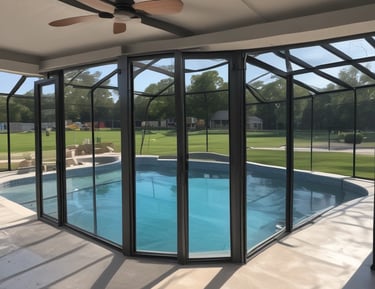 A swimming pool with green, murky water indicates algae growth, surrounded by a patio with a life buoy mounted on the fence.