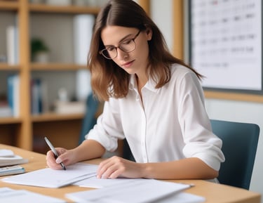 A person with their back to the camera is seated in a classroom, facing a blackboard filled with detailed chemical equations and diagrams. The room has wooden benches and desks, with large windows on one side allowing sunlight to illuminate the scene. There is a framed picture above the blackboard, and a stone-textured wall adds to the old-school ambiance.