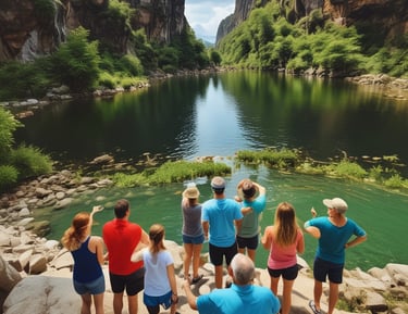 An arrangement of travel-related items including a Sony camera, an open passport with numerous stamps, flight tickets, and a pair of eyeglasses on a wooden surface.