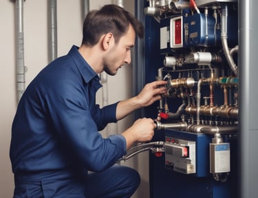 An intricate network of blue pipes and valves is mounted against a tiled wall. Numerous pressure gauges are attached at intervals, providing a detailed and complex arrangement. Each pipe is carefully connected, and there are various fittings and connections visible.
