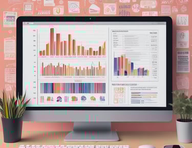 A workspace featuring a whiteboard with a social media content schedule, organized by day and platform, using sticky notes in varying colors. A wooden table holds an open laptop displaying a social media management application, alongside pens and small circular items.