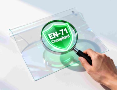  A magnifying glass over PVC material reveals "EN-71 Compliant" text, symbolizing foresight.