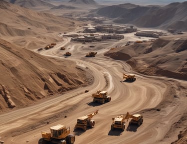 A massive industrial machine used for mining operations, featuring large treads for movement and a giant rotating wheel for excavation. The background shows an open-pit mining environment with exposed rock and soil.