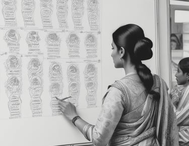 A group of young athletes in matching blue uniforms with orange numbers sit on a bench beside a coach on a grassy field. The coach appears to be giving instructions or advice. The scene is bright and sunny, with some sports jerseys draped over the bench.