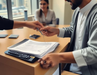 Two individuals in business attire are standing near glass doors with the phrase 'Invest Europe' etched on them. One person is holding a smartphone.